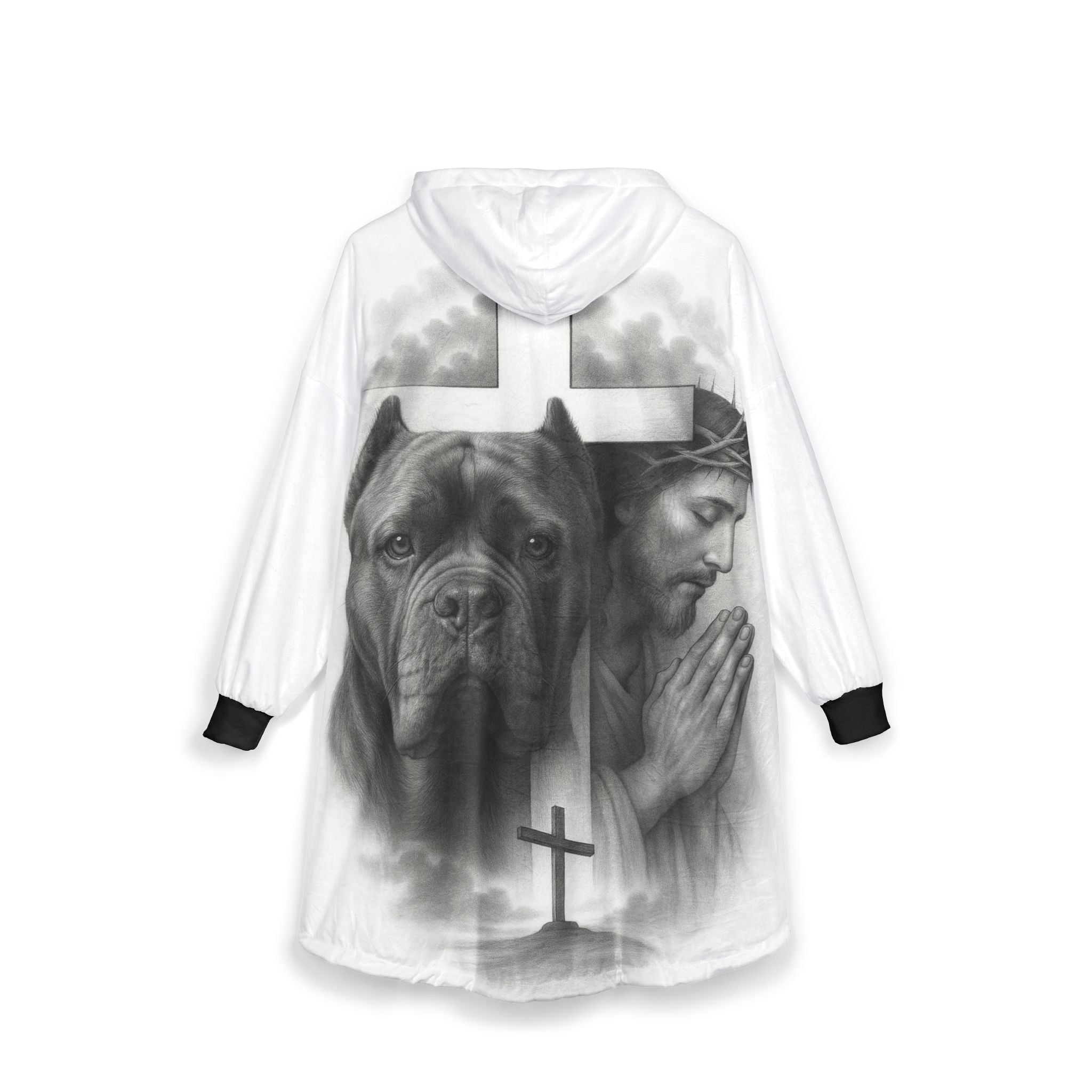 Christian Jesus & Cane Corso Hooded Blanket — Praying Christ with Cross and Dog Comfort Throw