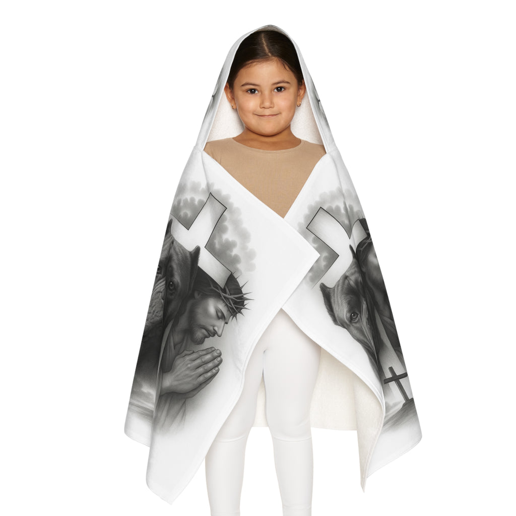 Youth Hooded Towel — Praying Jesus & Mastiff Cross Design