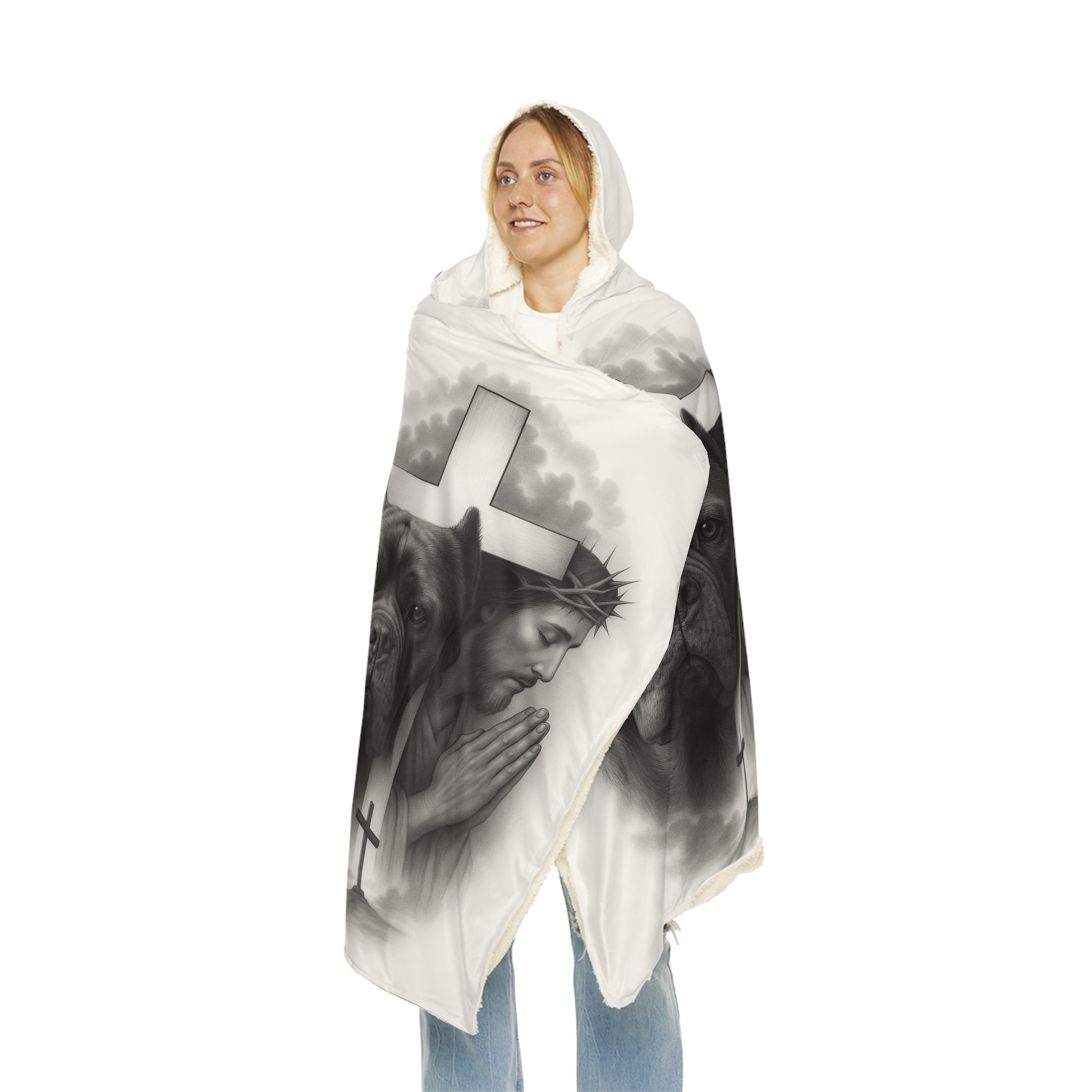 Christian Prayer Hooded Blanket with Dog Portrait — Jesus & Cross Memorial Throw