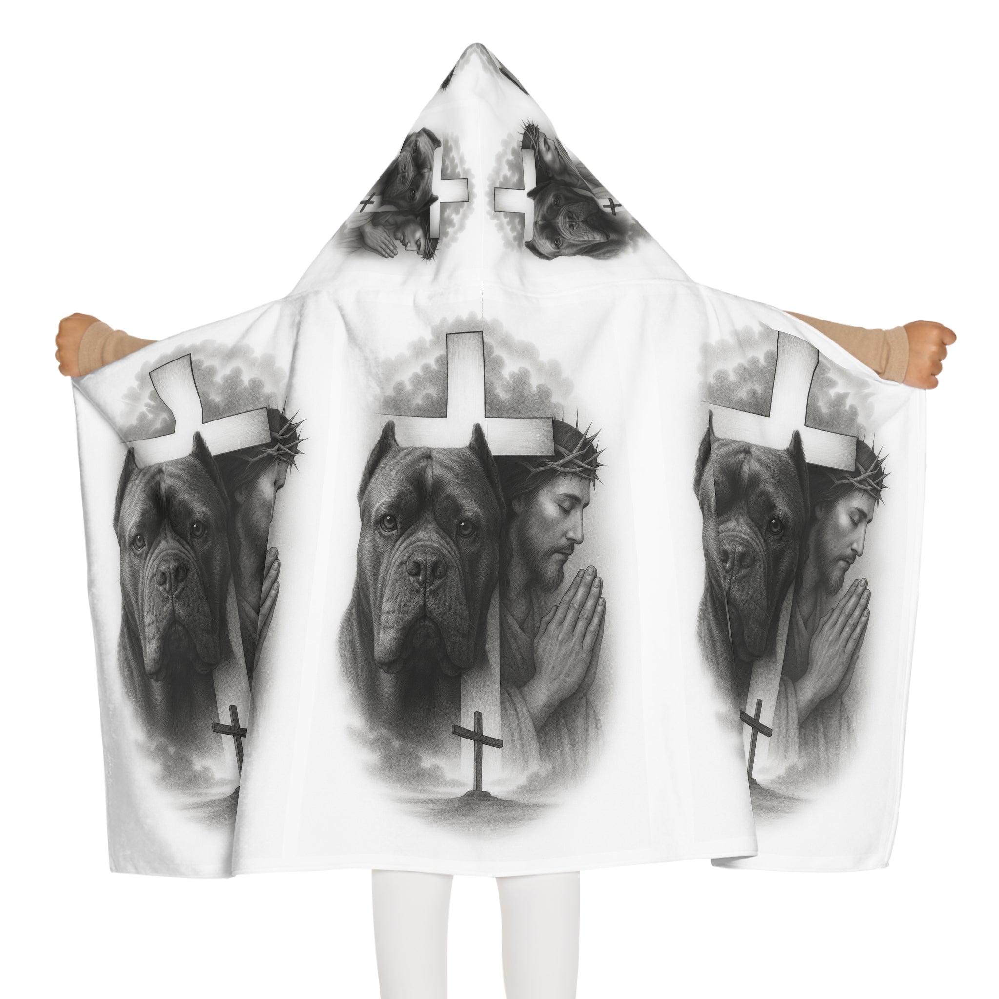Youth Hooded Towel — Praying Jesus & Mastiff Cross Design