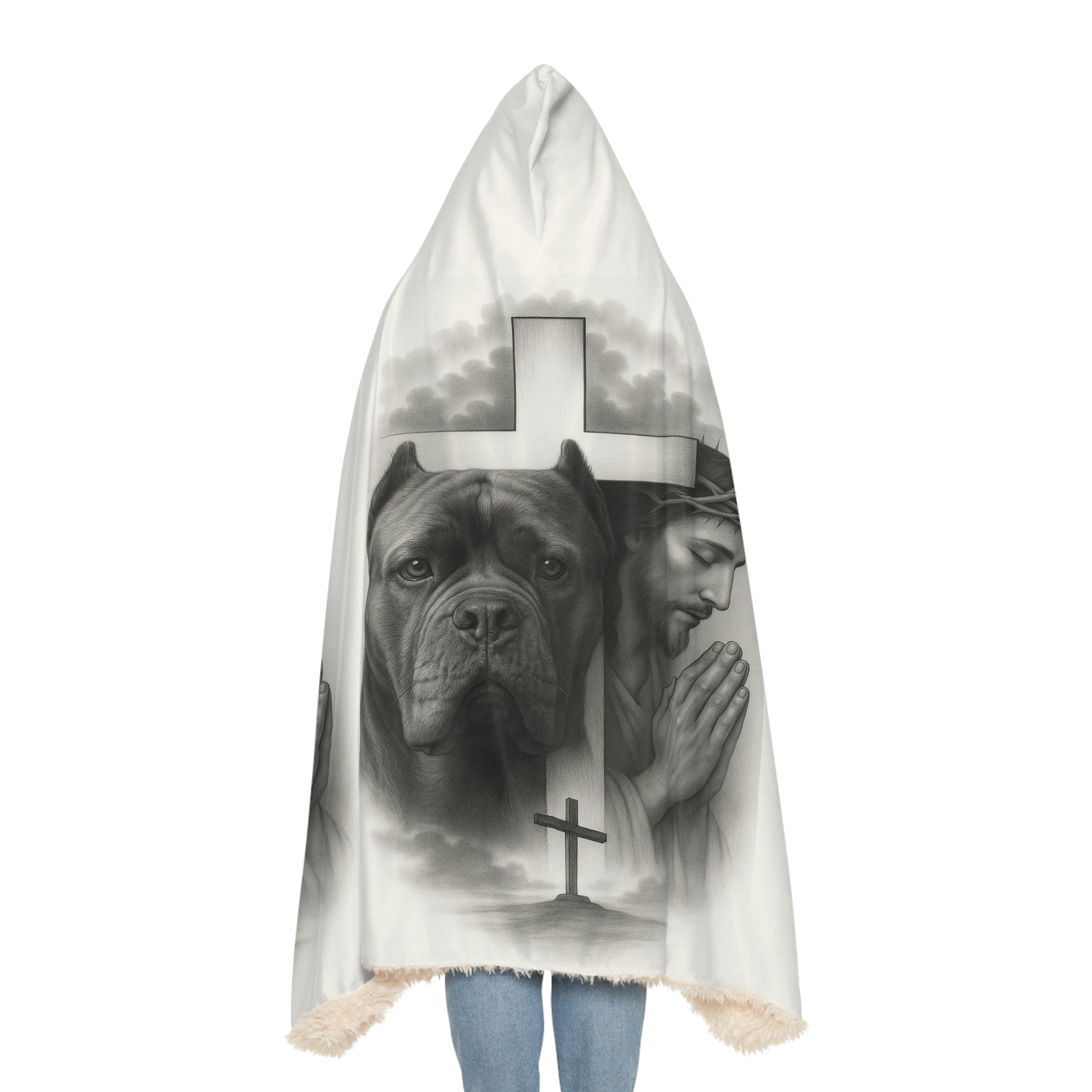 Christian Prayer Hooded Blanket with Dog Portrait — Jesus & Cross Memorial Throw