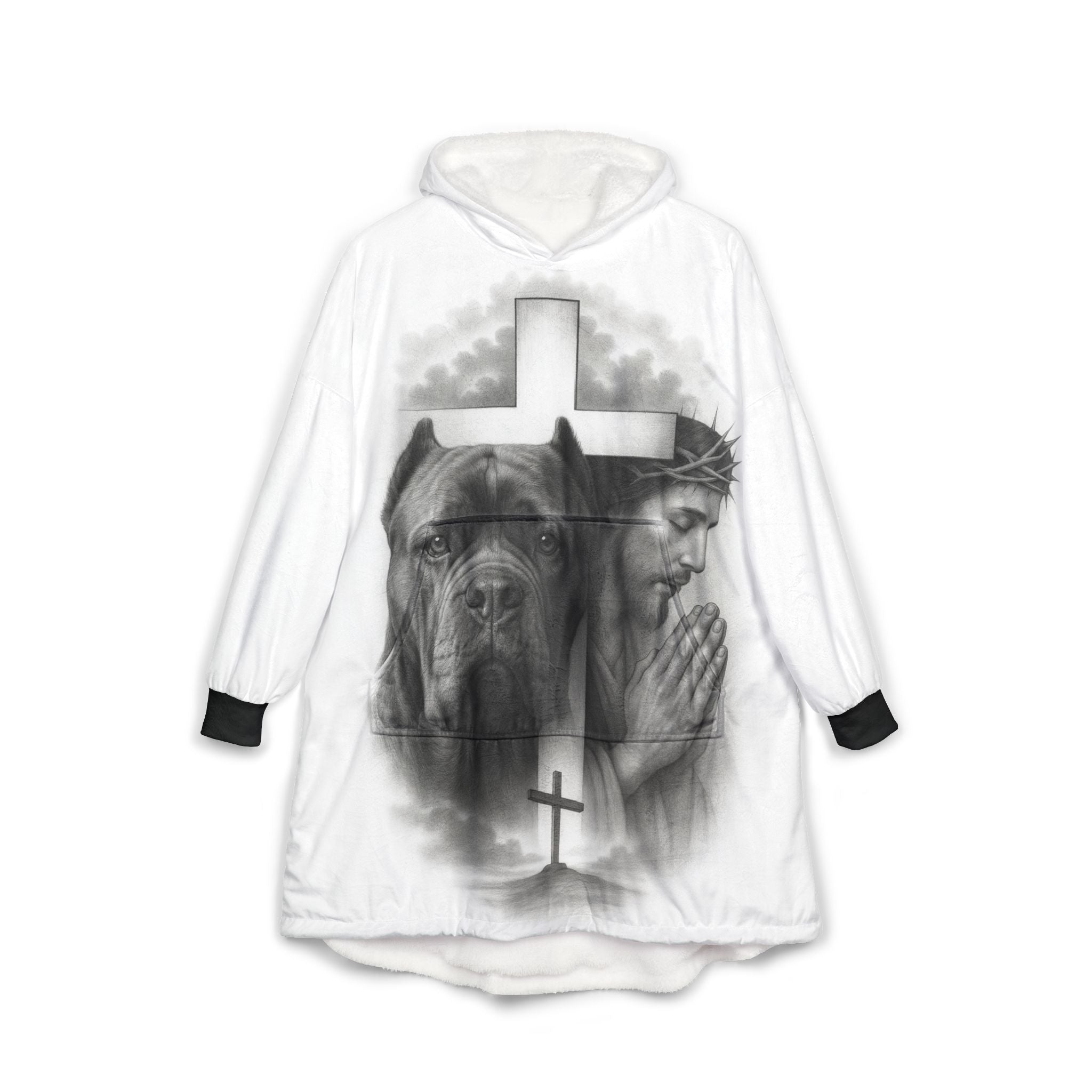 Christian Jesus & Cane Corso Hooded Blanket — Praying Christ with Cross and Dog Comfort Throw