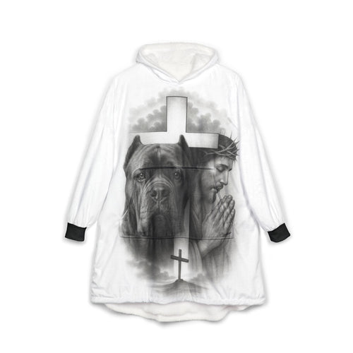 Christian Jesus & Cane Corso Hooded Blanket — Praying Christ with Cross and Dog Comfort Throw