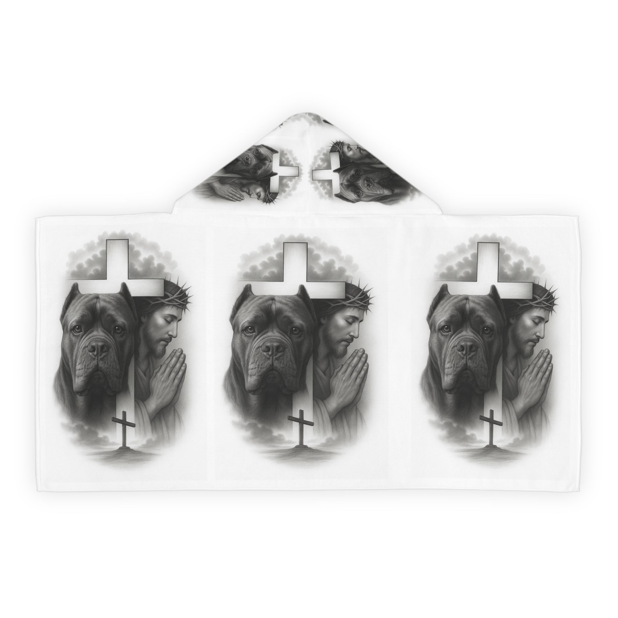 Youth Hooded Towel — Praying Jesus & Mastiff Cross Design