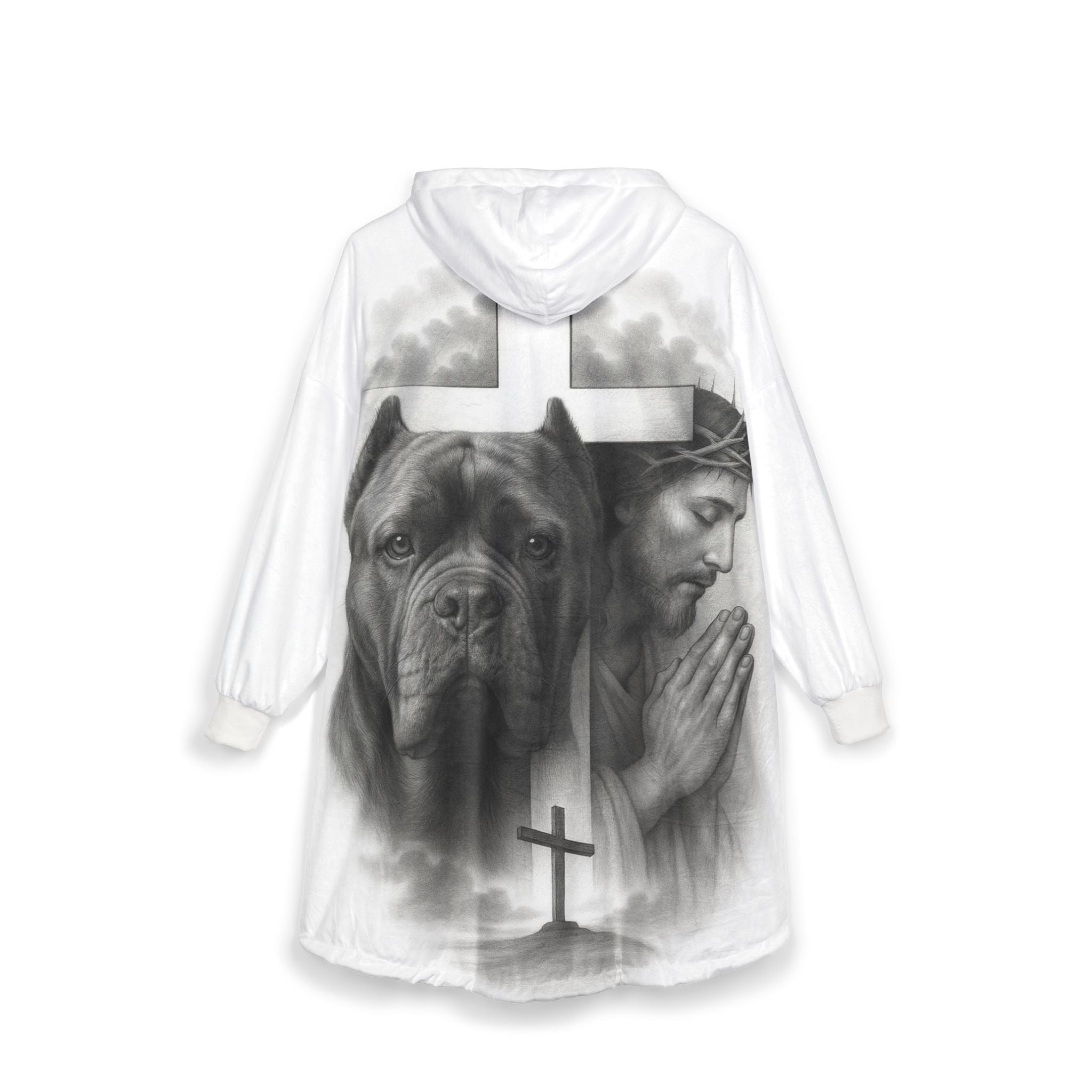 Christian Jesus & Cane Corso Hooded Blanket — Praying Christ with Cross and Dog Comfort Throw