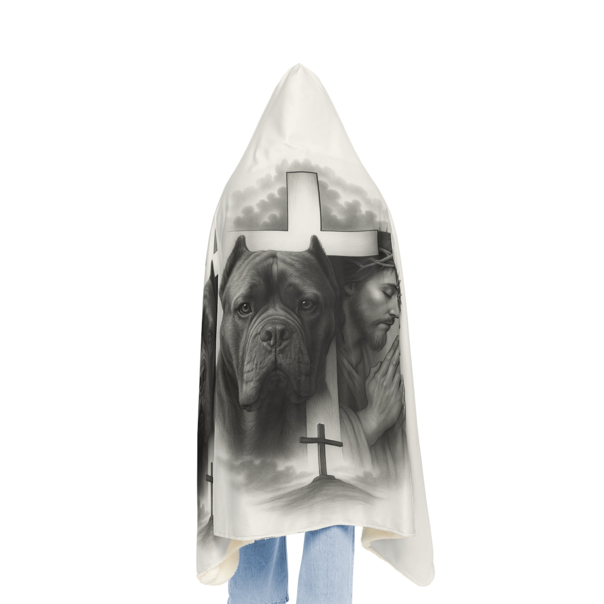 Christian Prayer Hooded Blanket with Dog Portrait — Jesus & Cross Memorial Throw