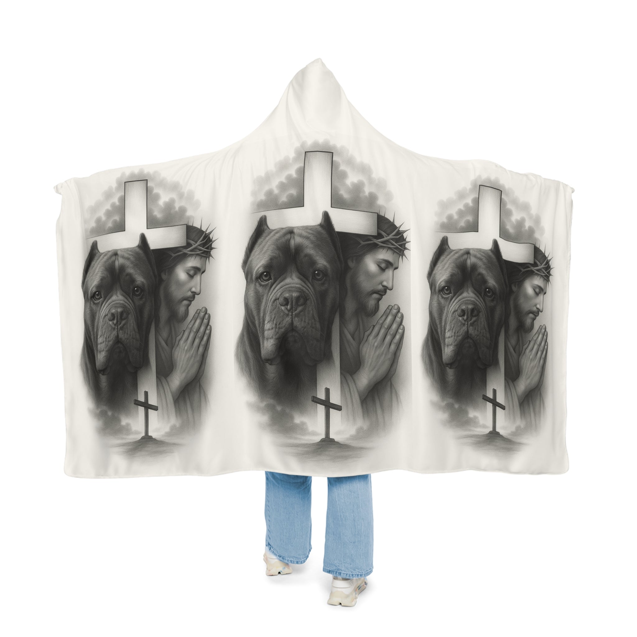 Christian Prayer Hooded Blanket with Dog Portrait — Jesus & Cross Memorial Throw